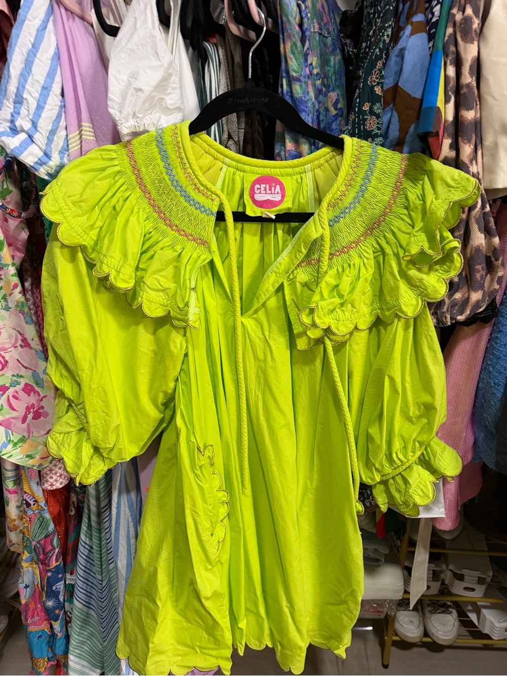 CeliaB Neon Lime Ruffle-Trim Puff Sleeve Kids Dress